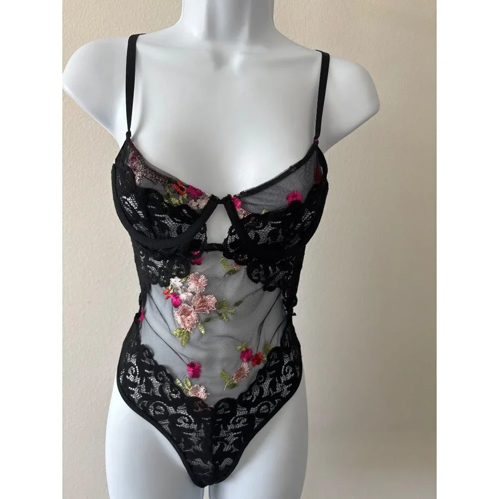 Y2K Bodysuit Small Sheer Lace Floral Embroidered Black Mesh Open Back Lingerie - Picture 2 of 16